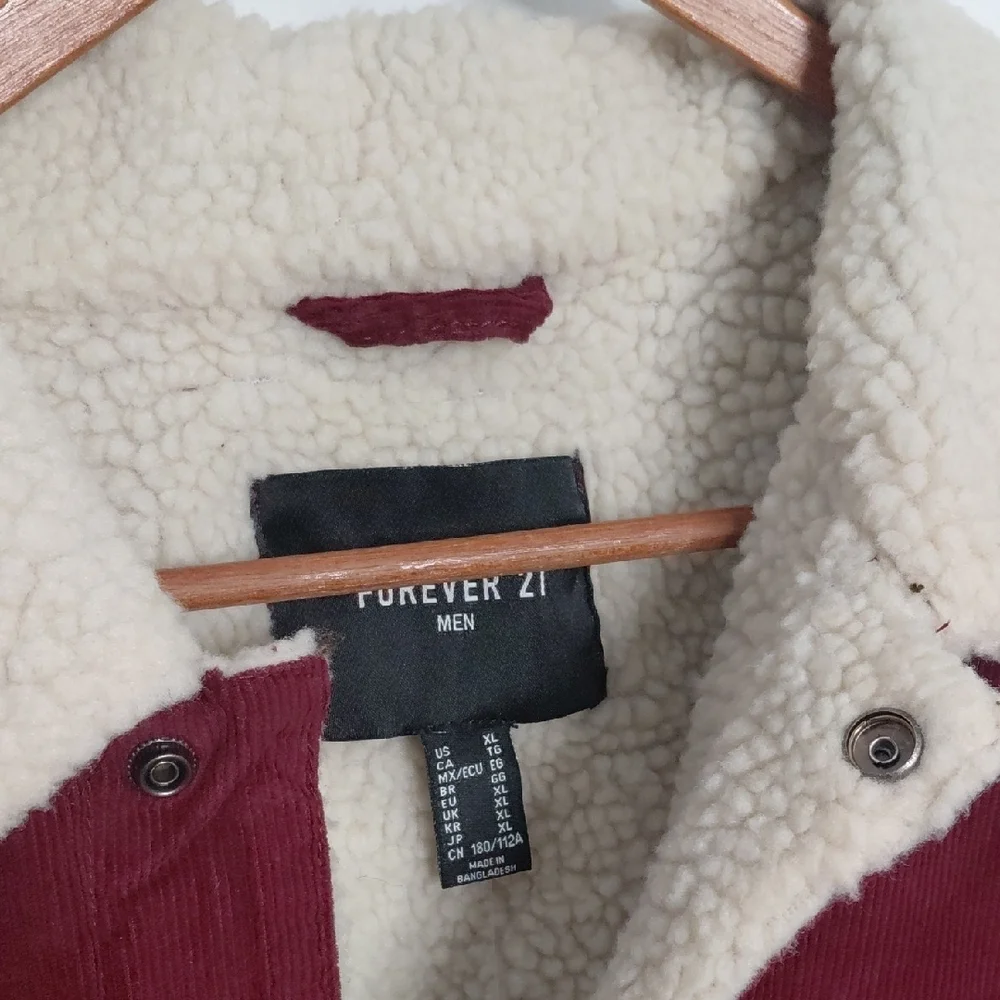 Forever 21 Men's Burgundy Corduroy Jacket with Cream Sherpa Collar